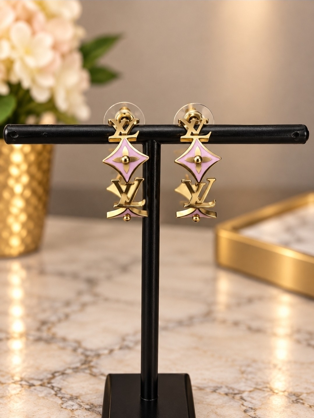 Gold-Tone Drop Earrings with Pink Enamel Accents